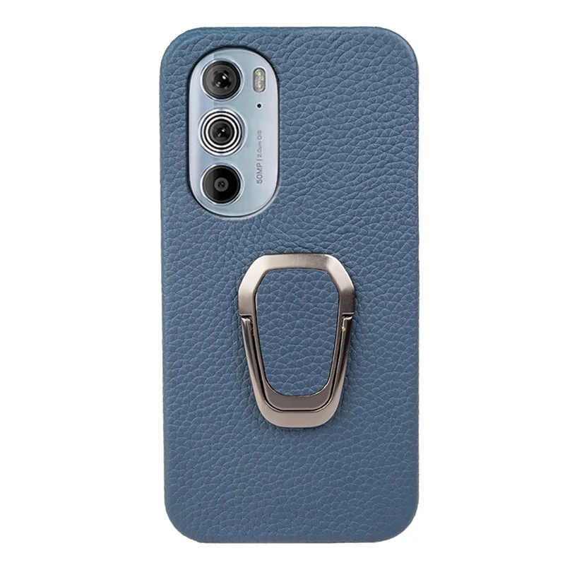 For Motorola Edge 30 Pro (Motorola Edge+ (2022)) Litchi Texture Genuine Leather Coated PC Kickstand Case Anti-scratch Phone Cover - Blue