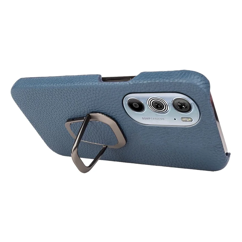 For Motorola Edge 30 Pro (Motorola Edge+ (2022)) Litchi Texture Genuine Leather Coated PC Kickstand Case Anti-scratch Phone Cover - Blue