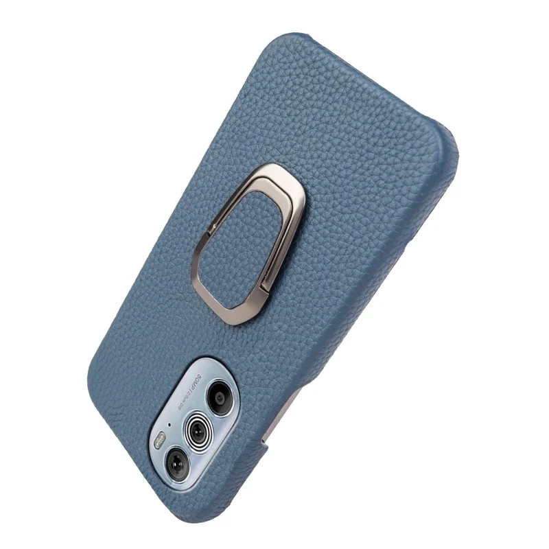 For Motorola Edge 30 Pro (Motorola Edge+ (2022)) Litchi Texture Genuine Leather Coated PC Kickstand Case Anti-scratch Phone Cover - Blue