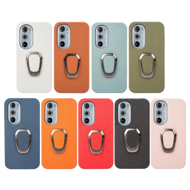 For Motorola Edge 30 Pro (Motorola Edge+ (2022)) Litchi Texture Genuine Leather Coated PC Kickstand Case Anti-scratch Phone Cover - Blue
