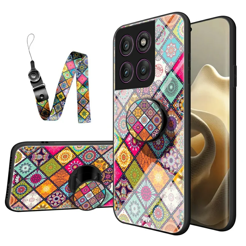 For Motorola Edge 60 Pro 5G Case Kickstand Ethnic Pattern Tempered Glass Phone Cover with Strap - Color Pattern