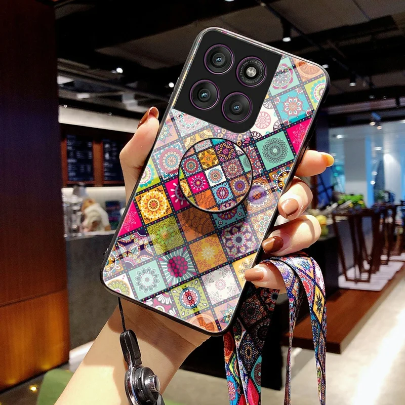 For Motorola Edge 60 Pro 5G Case Kickstand Ethnic Pattern Tempered Glass Phone Cover with Strap - Color Pattern