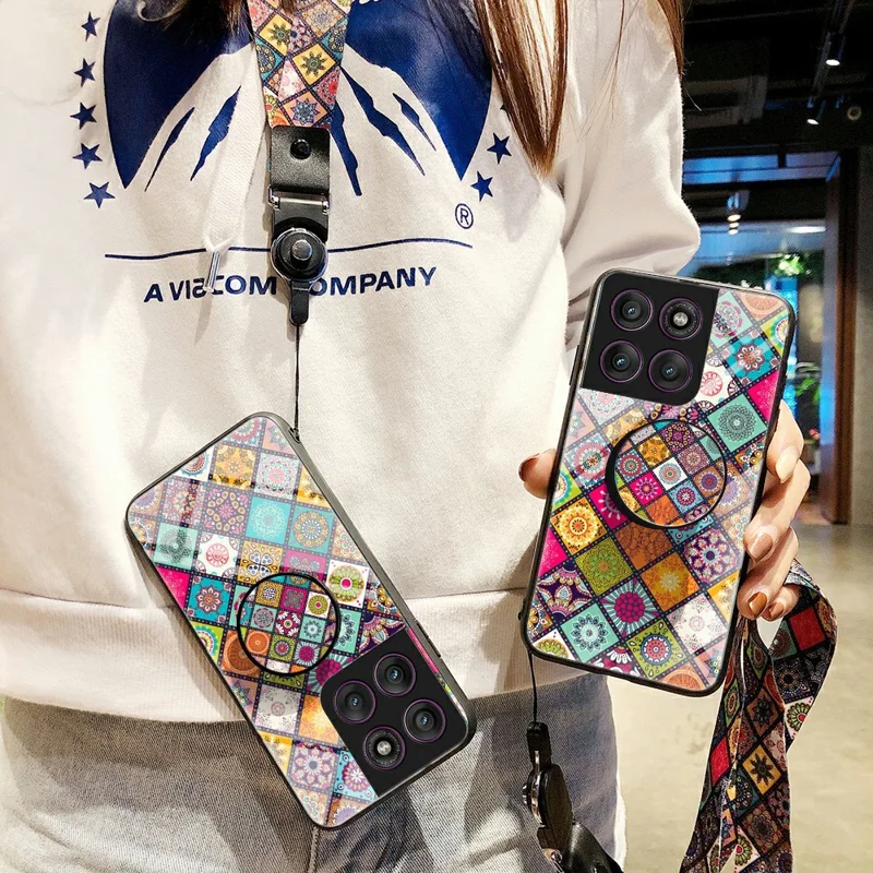 For Motorola Edge 60 Pro 5G Case Kickstand Ethnic Pattern Tempered Glass Phone Cover with Strap - Color Pattern