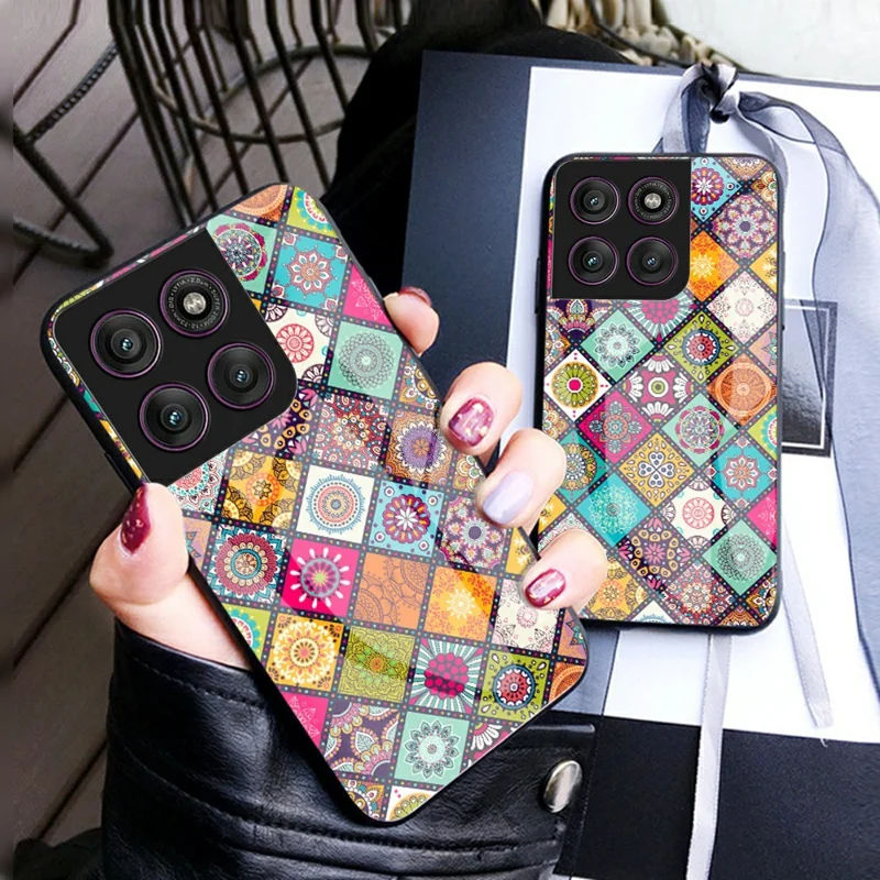 For Motorola Edge 60 Pro 5G Case Kickstand Ethnic Pattern Tempered Glass Phone Cover with Strap - Color Pattern