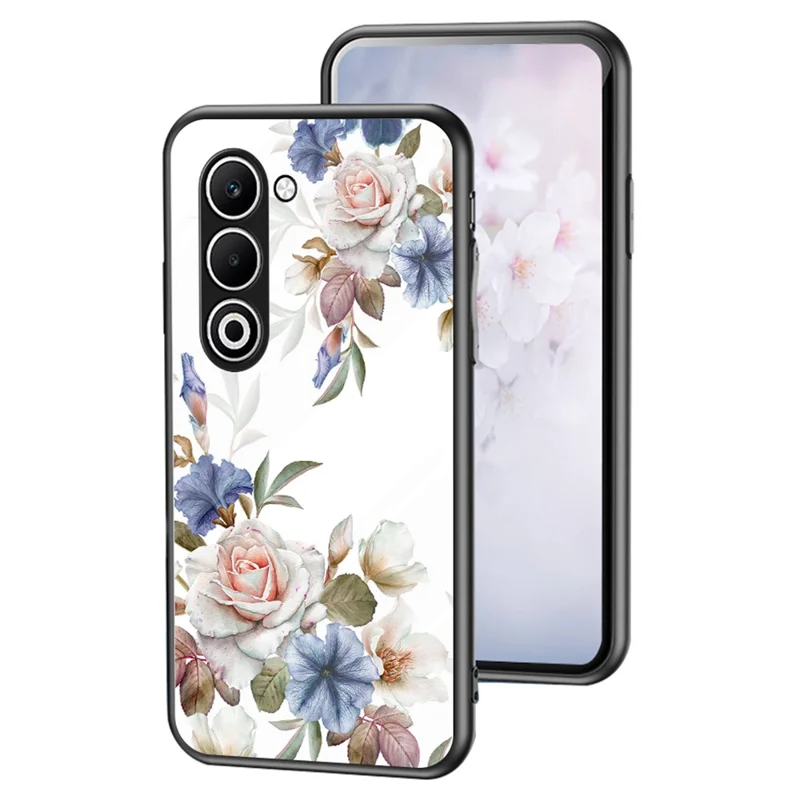 Voor Oppo A5 5G hoesje met bloemenpatroon TPU + gehard glas beschermhoes - Witte bloemenstruik