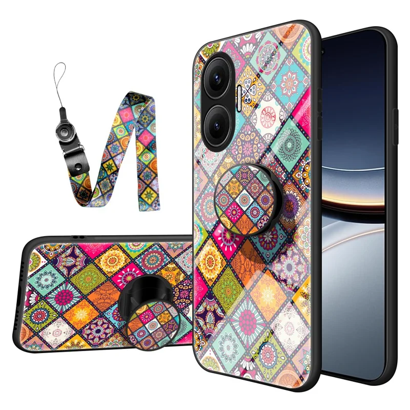 For Xiaomi Poco F7 5G / Redmi Turbo 4 Pro 5G Case Kickstand Ethnic Pattern Tempered Glass Phone Cover with Strap - Color Pattern