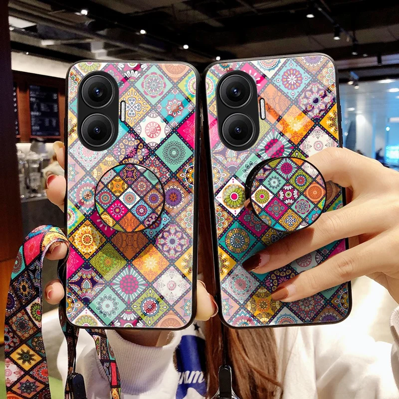 For Xiaomi Poco F7 5G / Redmi Turbo 4 Pro 5G Case Kickstand Ethnic Pattern Tempered Glass Phone Cover with Strap - Color Pattern
