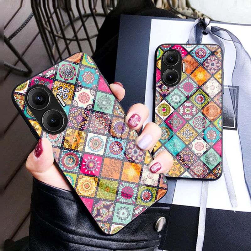 For Xiaomi Poco F7 5G / Redmi Turbo 4 Pro 5G Case Kickstand Ethnic Pattern Tempered Glass Phone Cover with Strap - Color Pattern