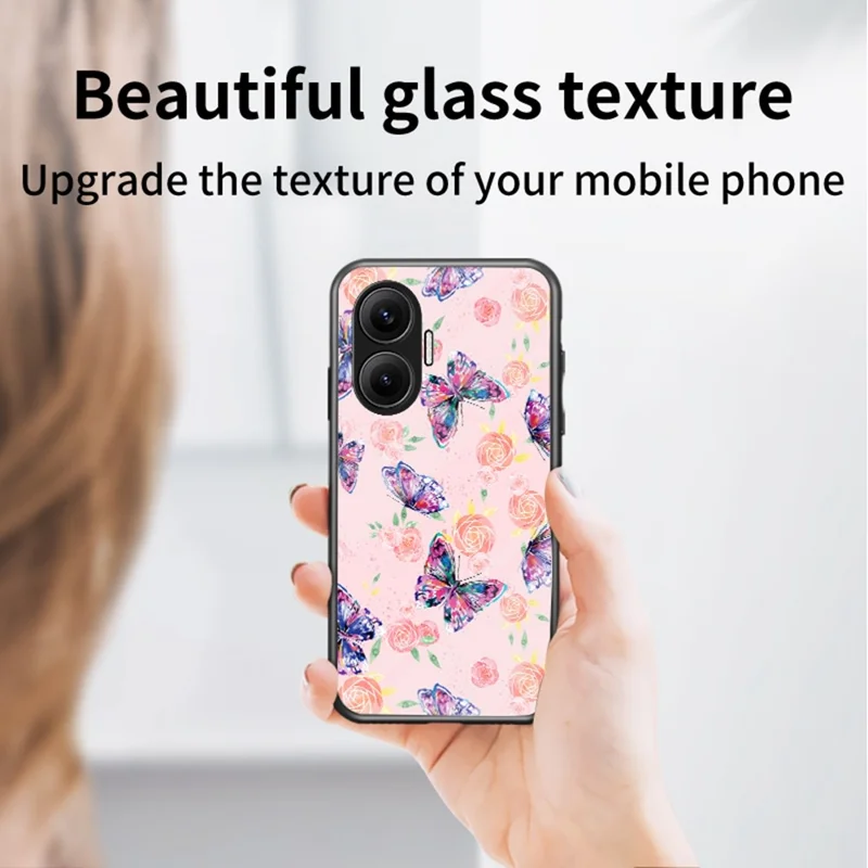 Capa para Xiaomi Poco F7 5G / Redmi Turbo 4 Pro 5G com Padrão de Borboleta em TPU + Vidro Temperado - Borboleta Rosa