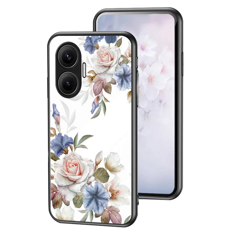 For Xiaomi Poco F7 5G / Redmi Turbo 4 Pro 5G Case Floral Pattern TPU + Tempered Glass Protective Phone Cover - White Flower Bush