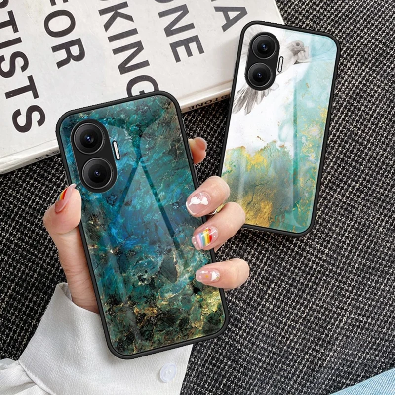 For Xiaomi Poco F7 5G / Redmi Turbo 4 Pro 5G Case Marble Pattern Tempered Glass + PC + TPU Protective Phone Cover - Gold Black Marble