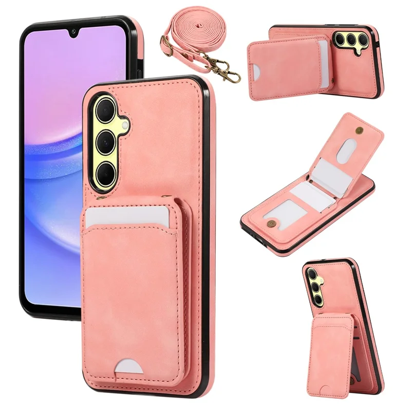Voor Samsung Galaxy A17 5G / A17 4G / A26 5G Hoesje Met Kaarthouder En Steun In Leder + TPU Met Schouderband - Roze