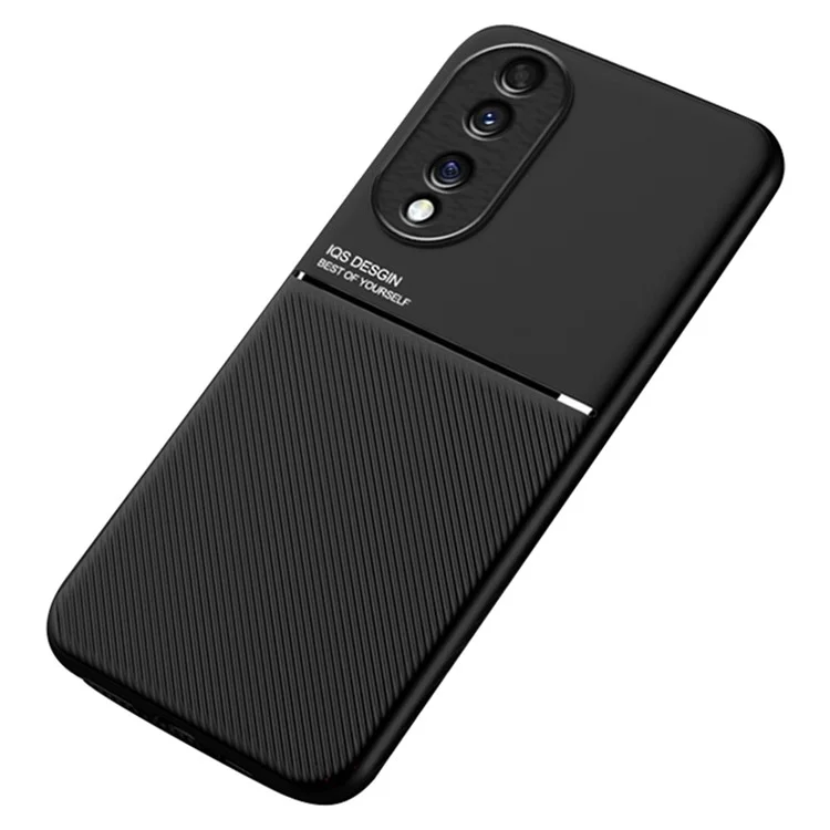 Cellphone Case for Honor 70 5G, Drop-proof Lines Imprinted PU Leather+TPU Hybrid Shell with Built-in Metal Sheet - Black