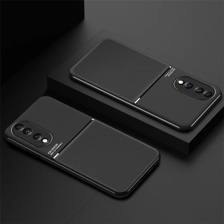 Cellphone Case for Honor 70 5G, Drop-proof Lines Imprinted PU Leather+TPU Hybrid Shell with Built-in Metal Sheet - Black