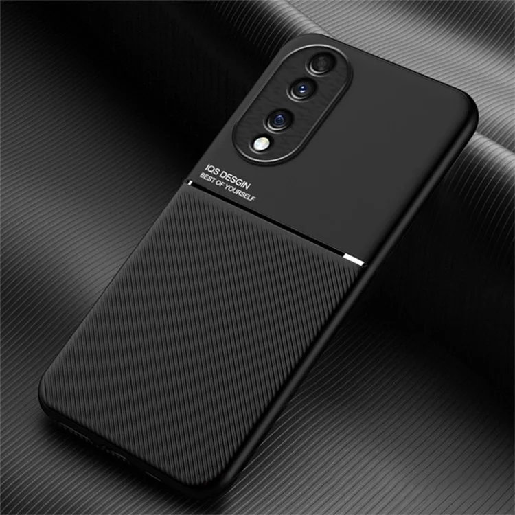 Cellphone Case for Honor 70 5G, Drop-proof Lines Imprinted PU Leather+TPU Hybrid Shell with Built-in Metal Sheet - Black