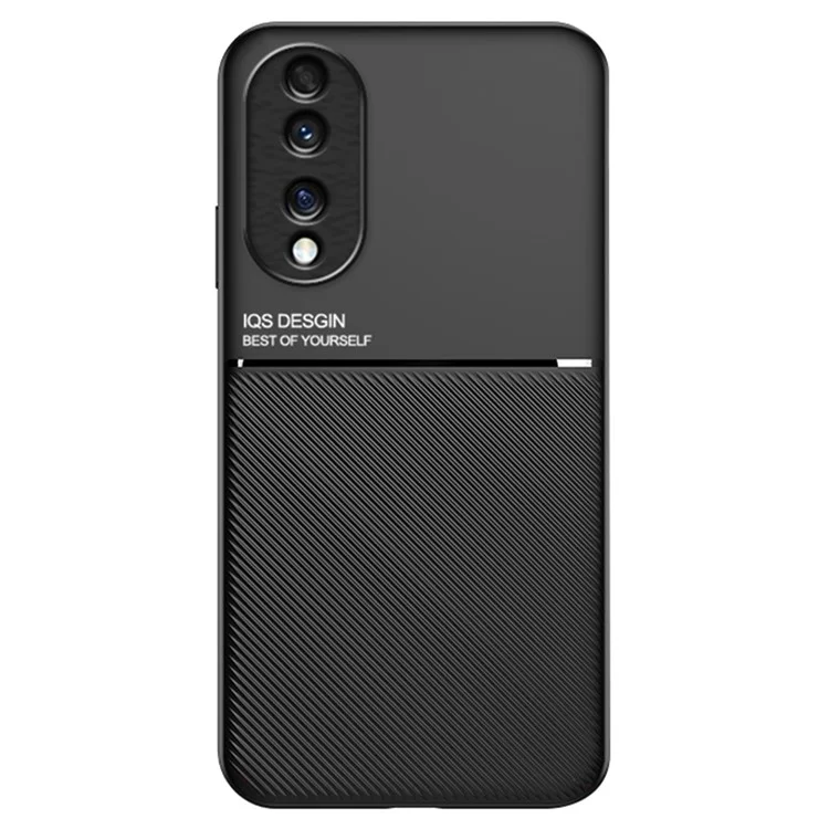 Cellphone Case for Honor 70 5G, Drop-proof Lines Imprinted PU Leather+TPU Hybrid Shell with Built-in Metal Sheet - Black
