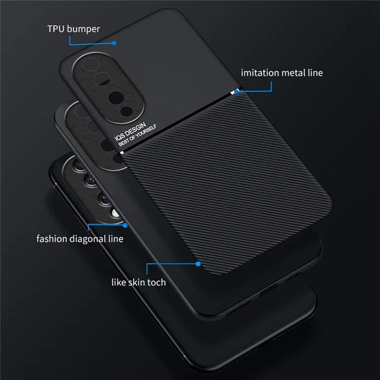 Cellphone Case for Honor 70 5G, Drop-proof Lines Imprinted PU Leather+TPU Hybrid Shell with Built-in Metal Sheet - Black