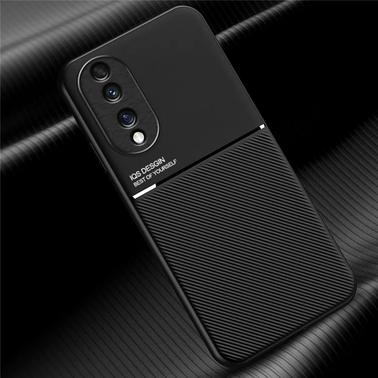 Cellphone Case for Honor 70 5G, Drop-proof Lines Imprinted PU Leather+TPU Hybrid Shell with Built-in Metal Sheet - Black