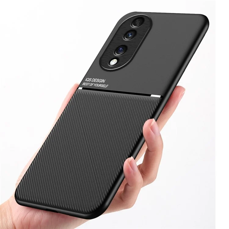 Cellphone Case for Honor 70 5G, Drop-proof Lines Imprinted PU Leather+TPU Hybrid Shell with Built-in Metal Sheet - Black