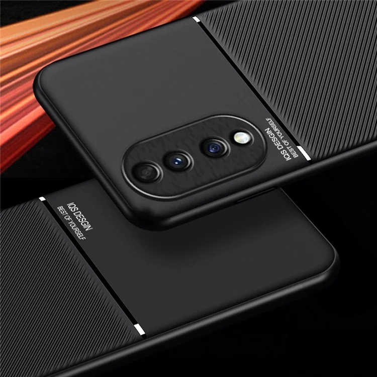 Cellphone Case for Honor 70 5G, Drop-proof Lines Imprinted PU Leather+TPU Hybrid Shell with Built-in Metal Sheet - Black