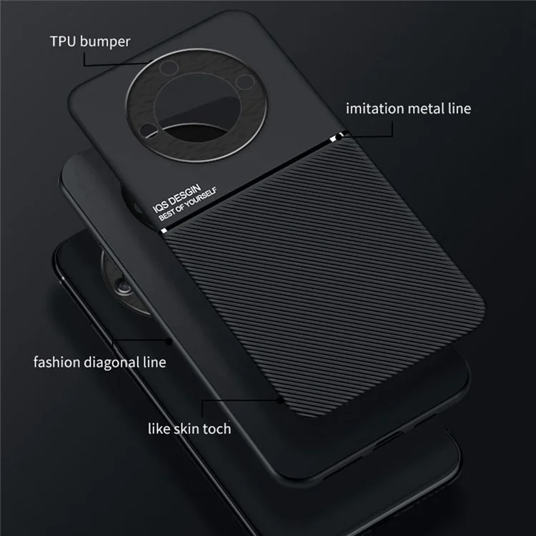 Cellphone Case for Honor X40 5G , Anti-fall Lines Imprinted PU Leather+TPU Hybrid Shell with Built-in Metal Sheet - Black