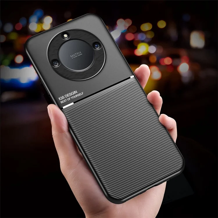 Cellphone Case for Honor X40 5G , Anti-fall Lines Imprinted PU Leather+TPU Hybrid Shell with Built-in Metal Sheet - Black