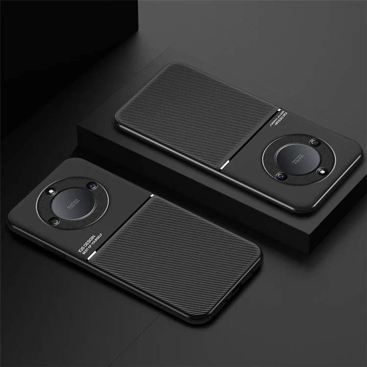 Cellphone Case for Honor X40 5G , Anti-fall Lines Imprinted PU Leather+TPU Hybrid Shell with Built-in Metal Sheet - Black