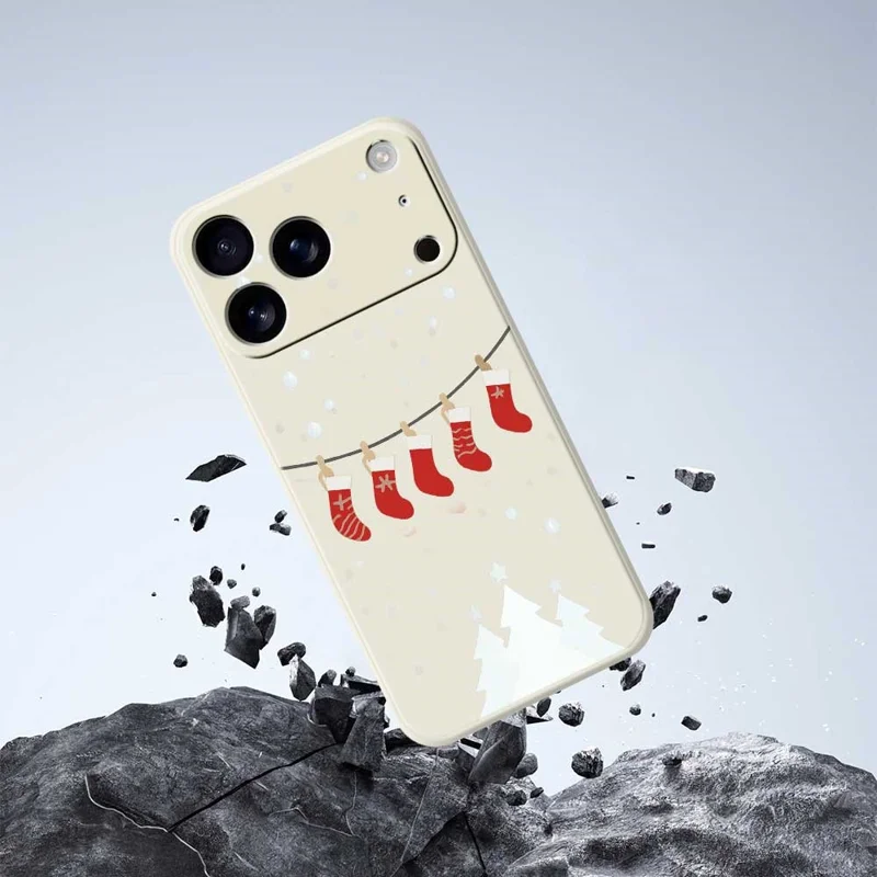 For iPhone 17 Pro Max Case Christmas Stockings Pattern Printing Straight Edge TPU Phone Back Cover - Beige