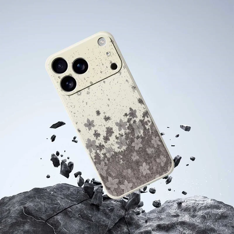 For iPhone 17 Pro Max Case Grey Flowers Pattern Printing Straight Edge TPU Phone Back Cover - Beige