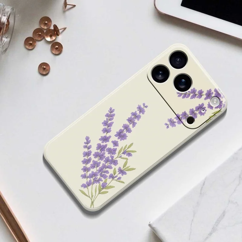 Obudowa na iPhone 17 Pro Max z nadrukiem w kolorze lawendowym, prosta krawędź, tylna pokrywa z tworzywa TPU - beżowa