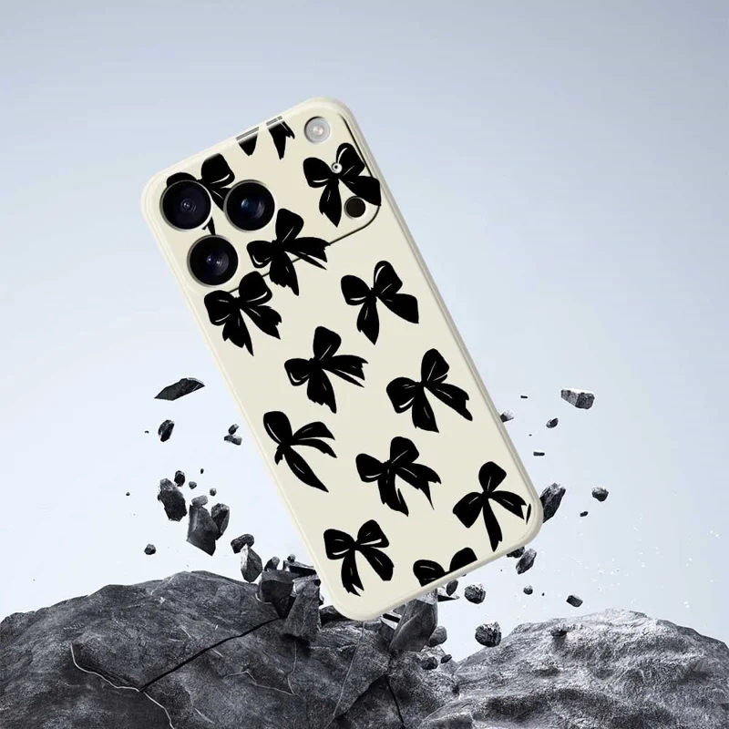 For iPhone 18 Pro Max / 17 Pro Max Case Black Bow Pattern Printing Straight Edge TPU Phone Back Cover - Beige