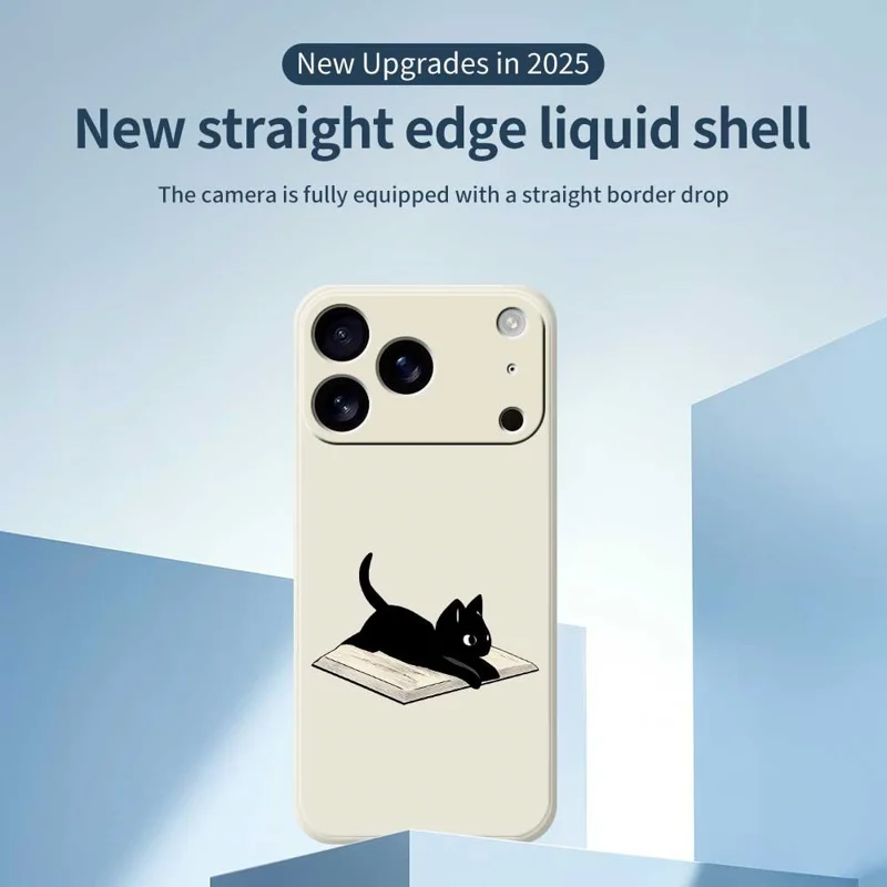 For iPhone 17 Pro Max Case Book and Cat Pattern Printing Straight Edge TPU Phone Back Cover - Beige