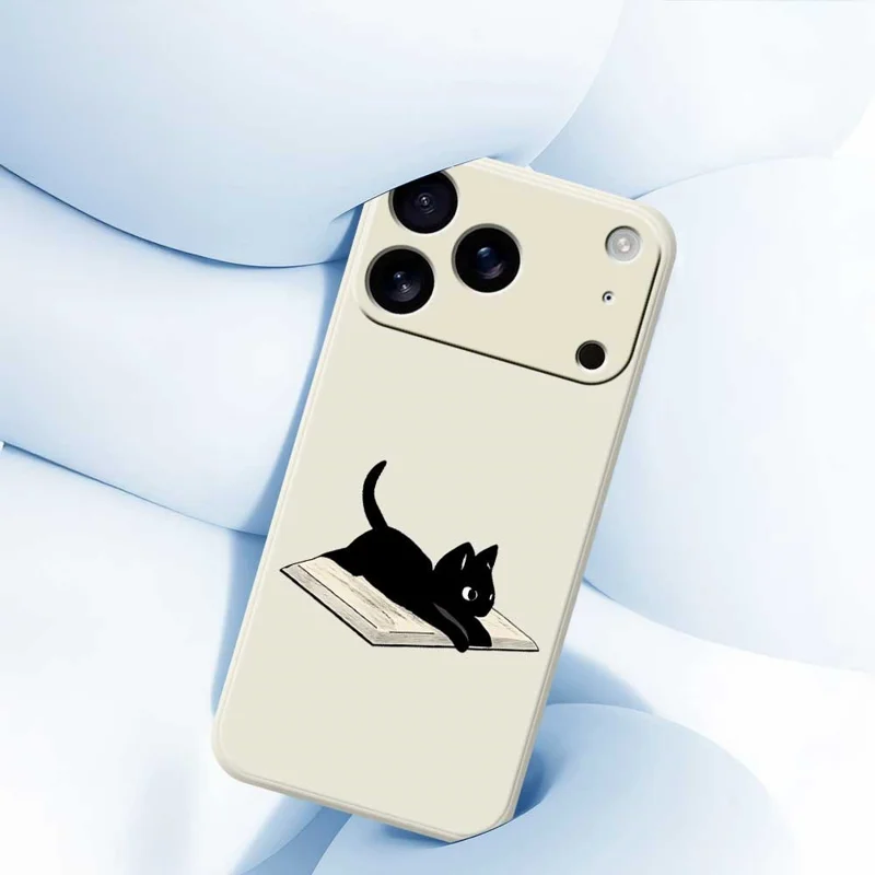 For iPhone 17 Pro Max Case Book and Cat Pattern Printing Straight Edge TPU Phone Back Cover - Beige