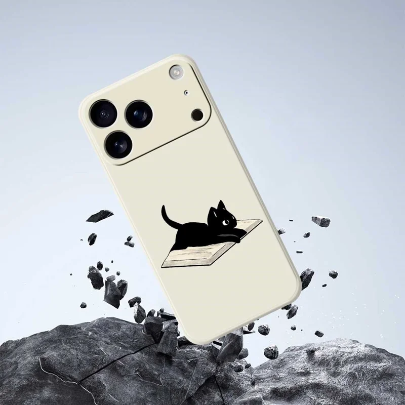 For iPhone 17 Pro Max Case Book and Cat Pattern Printing Straight Edge TPU Phone Back Cover - Beige