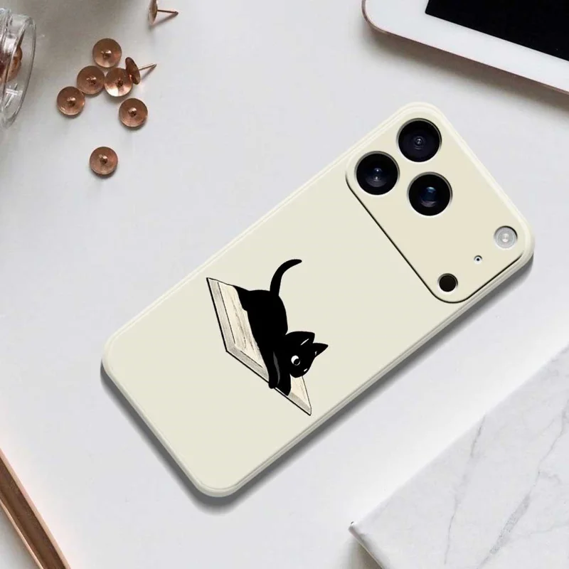 For iPhone 17 Pro Max Case Book and Cat Pattern Printing Straight Edge TPU Phone Back Cover - Beige