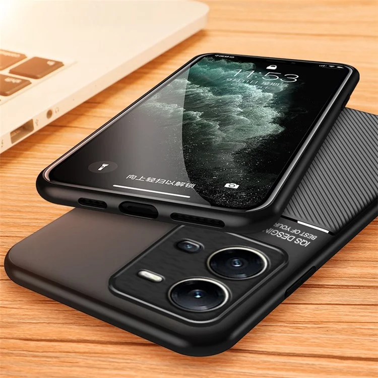 Case de Teléfonos Celulares Para Vivo V25 5G, Líneas Anti-colisión Impresas de Cuero Pu+tpu Hybrid Shell Con Lámina de Metal Incorporada - Negro