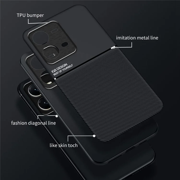 Case de Teléfonos Celulares Para Vivo V25 5G, Líneas Anti-colisión Impresas de Cuero Pu+tpu Hybrid Shell Con Lámina de Metal Incorporada - Negro