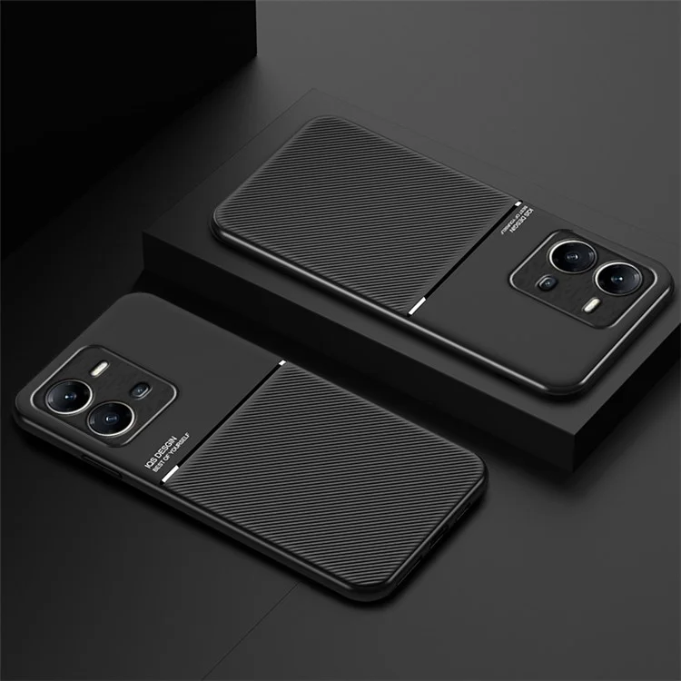 Case de Teléfonos Celulares Para Vivo V25 5G, Líneas Anti-colisión Impresas de Cuero Pu+tpu Hybrid Shell Con Lámina de Metal Incorporada - Negro
