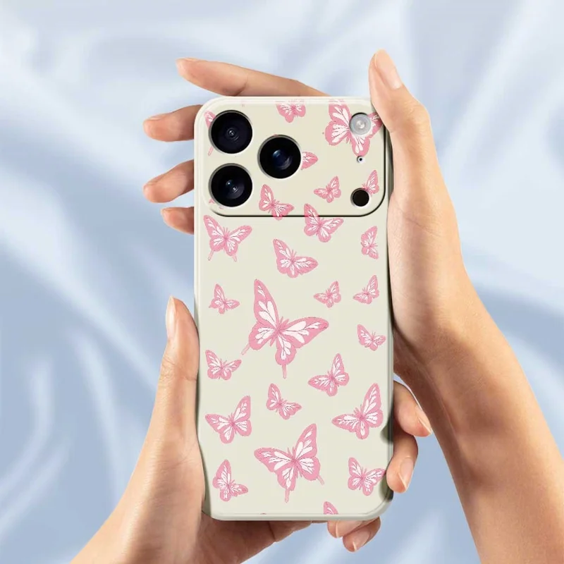 For iPhone 17 Pro Max Case Pink Butterflies Pattern Printing Straight Edge TPU Phone Back Cover - Beige