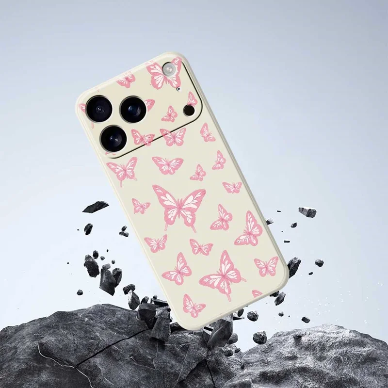 For iPhone 17 Pro Max Case Pink Butterflies Pattern Printing Straight Edge TPU Phone Back Cover - Beige