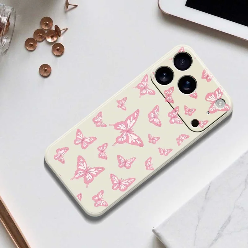 For iPhone 17 Pro Max Case Pink Butterflies Pattern Printing Straight Edge TPU Phone Back Cover - Beige