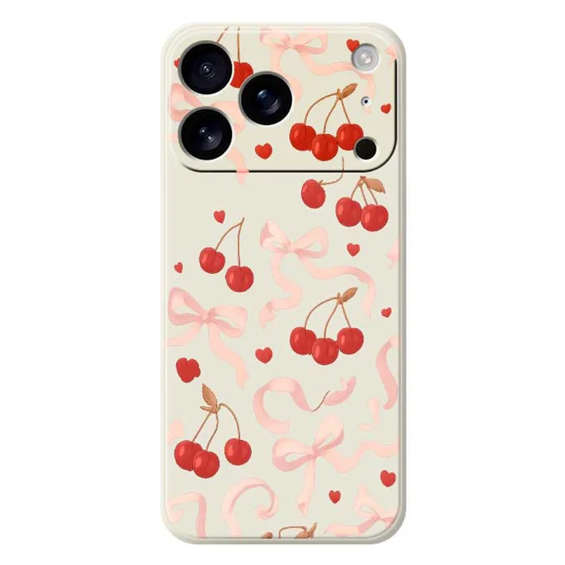 For iPhone 17 Pro Max Case Big Bow Cherry Pattern Printing Straight Edge TPU Phone Back Cover - Beige