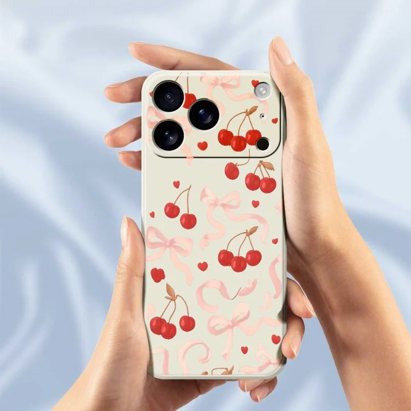 For iPhone 17 Pro Max Case Big Bow Cherry Pattern Printing Straight Edge TPU Phone Back Cover - Beige