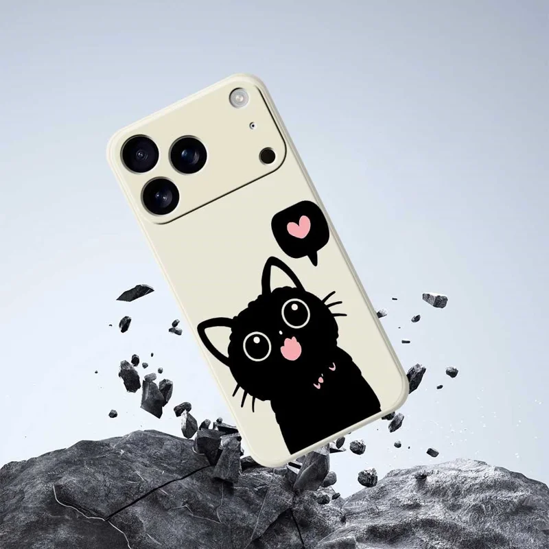 For iPhone 18 Pro Max / 17 Pro Max Case Love Black Cat Pattern Printing Straight Edge TPU Phone Back Cover - Beige