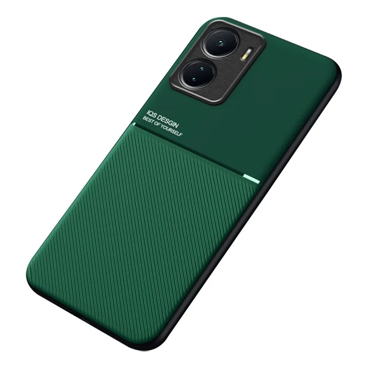 Back Cover for vivo Y16 4G, Lines Imprinted PU Leather+TPU Hybrid Shell with Built-in Metal Sheet - Green