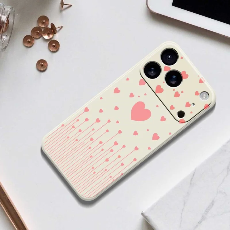 For iPhone 17 Pro Max Case Pink Love Pattern Printing Straight Edge TPU Phone Back Cover - Beige