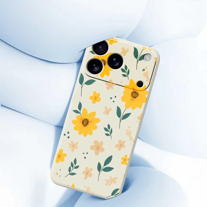 For iPhone 17 Pro Max Case Yellow Floral and Leaves Pattern Printing Straight Edge TPU Phone Back Cover - Beige