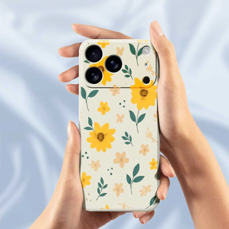 For iPhone 17 Pro Max Case Yellow Floral and Leaves Pattern Printing Straight Edge TPU Phone Back Cover - Beige