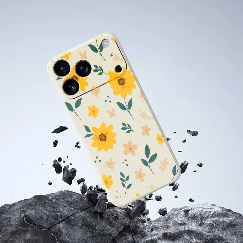 For iPhone 17 Pro Max Case Yellow Floral and Leaves Pattern Printing Straight Edge TPU Phone Back Cover - Beige