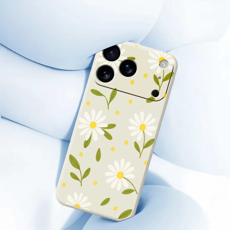 For iPhone 17 Pro Max Case White Flowers Green Leaves Pattern Printing Straight Edge TPU Phone Back Cover - Beige